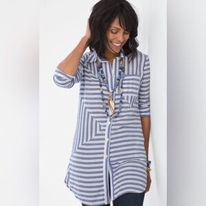 Chico’s Striped Tunic Cover Up Shirt Long Sleeve Button Up Nautical Beach Size 3